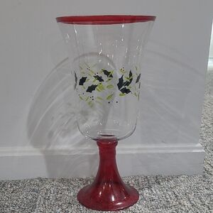 Red and Green Holly Decorative Glass Goblet Style Vase